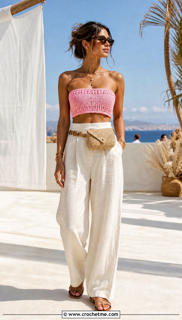 Crochet Bandeau Top With Linen Trousers - 20 Festival Crochet Top outfit ideas