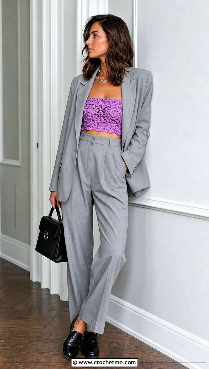 Crochet Bandeau Top With Oversized Blazer - 35 Outfit With Crochet Top outfit ideas