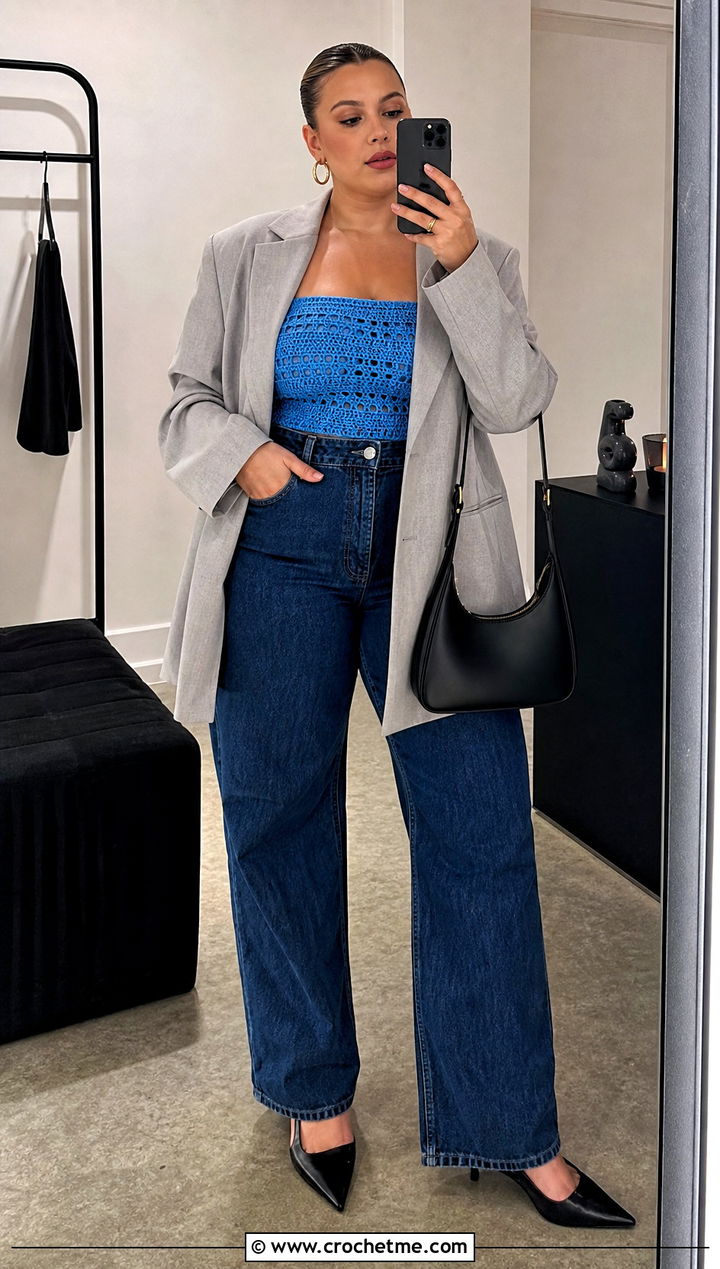 Crochet Bandeau Top With Oversized Blazer - 15 Crochet Lady Tops outfit ideas