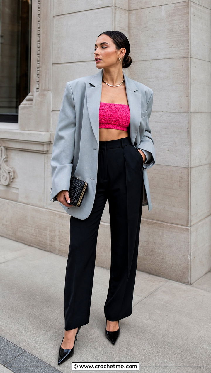 Crochet Bandeau Top With Oversized Blazer - 15 crochet top dress style outfit ideas