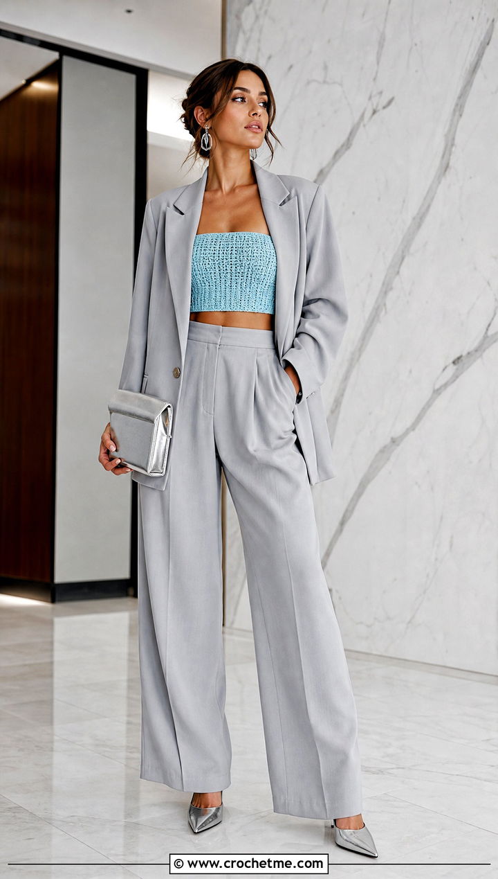 Crochet Bandeau Top With Oversized Blazer And Trousers - 25 cute easy crochet tops outfit ideas