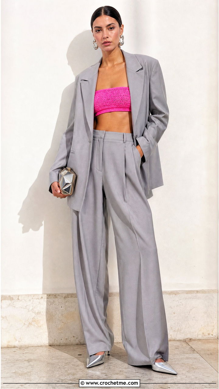 Crochet Bandeau Top With Oversized Blazer - 35 aesthetic crochet top outfit ideas