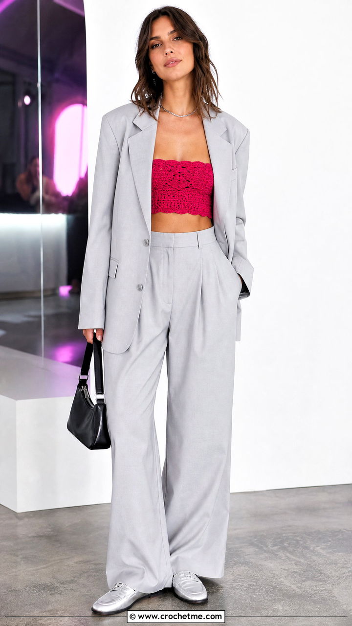 Crochet Bandeau Top With Oversized Suit - 35 crochet top outfits ideas