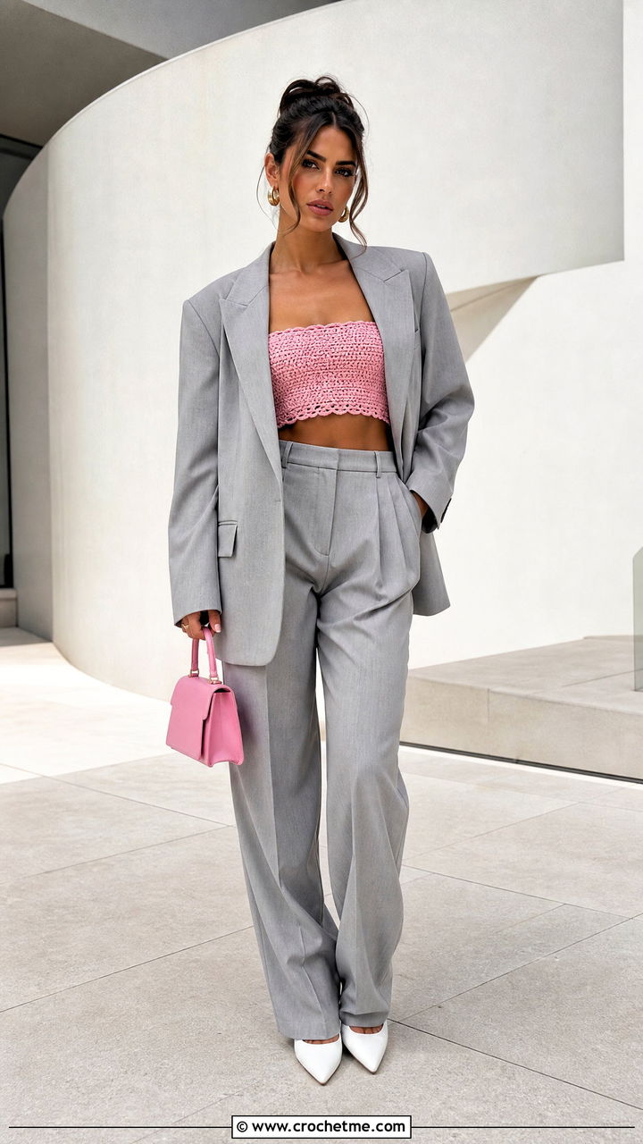 Crochet Bandeau Top With Oversized Suit - 35 crochet y2k top outfit ideas