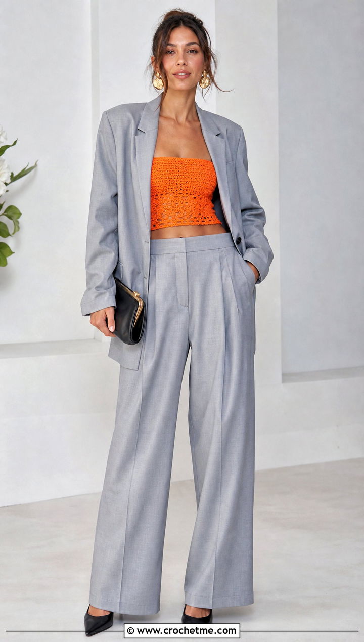 Crochet Bandeau Top With Oversized Suit - 35 style crochet top outfit ideas