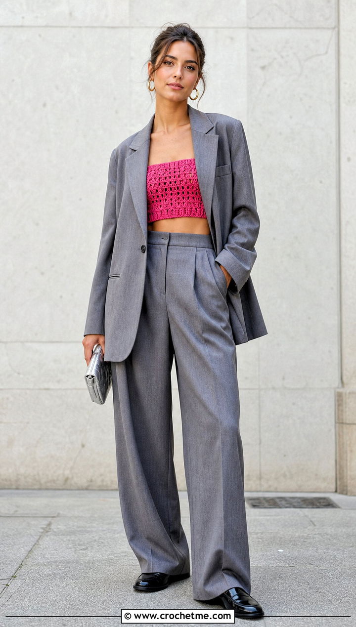 Crochet Bandeau Top With Oversized Suit - 20 Crochet Top For Spring outfit ideas