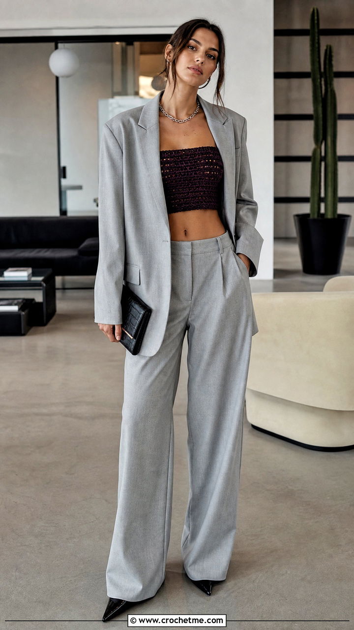 Crochet Bandeau Top With Oversized Suit - 35 crochet going out top outfit ideas