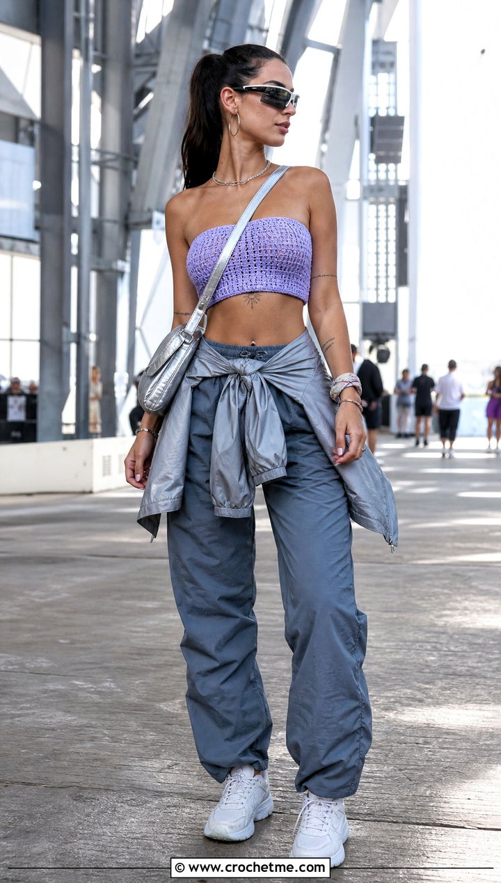 Crochet Bandeau Top With Parachute Pants - 25 Crochet Festival Outfit ideas