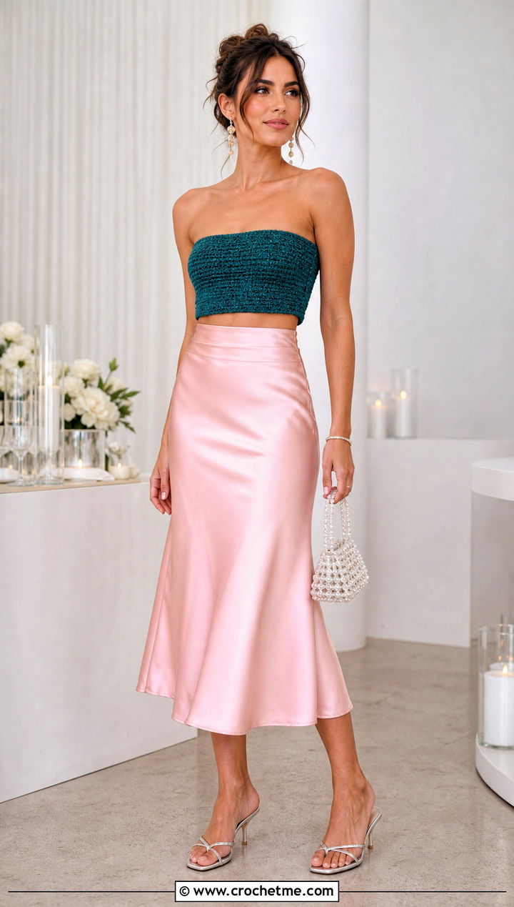 Crochet Bandeau Top With Satin Midi Skirt - 15 barbie inspired crochet top outfit ideas