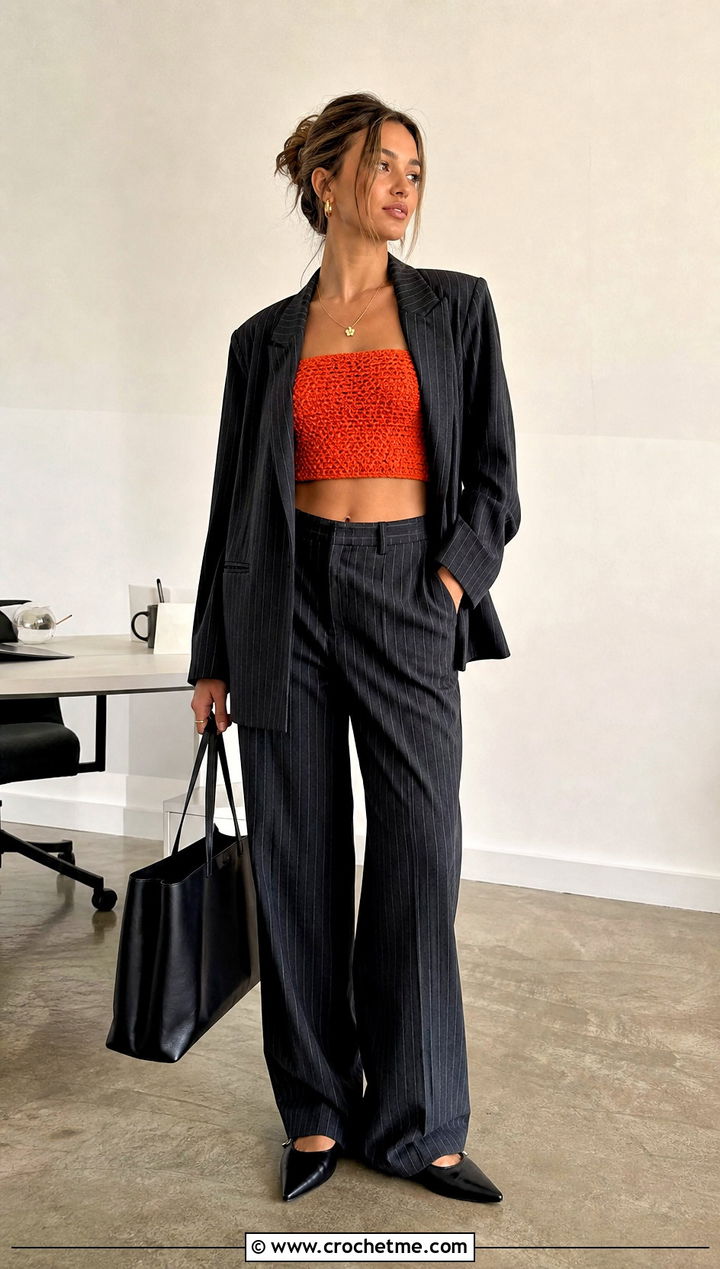 Crochet Bandeau Tube Top With Pinstripe Trousers - 30 Hollister Crochet Tube Top outfit ideas