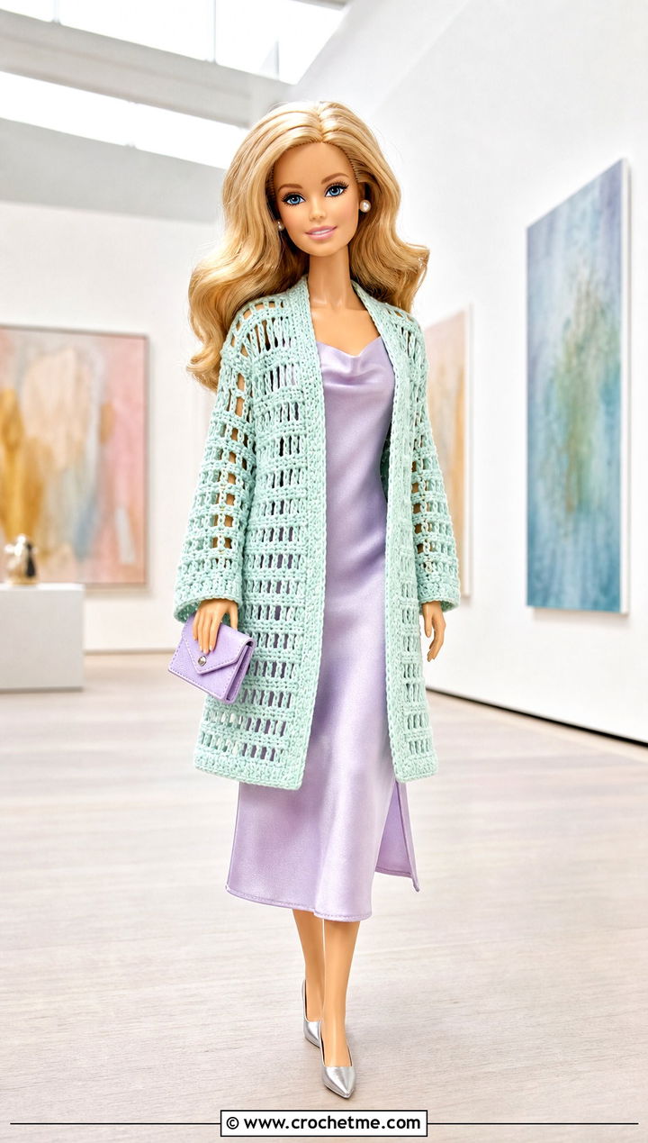 Crochet Barbie Cardigan With Satin Slip Dress - 35 Easy Crochet Barbie Clothes and outfit ideas