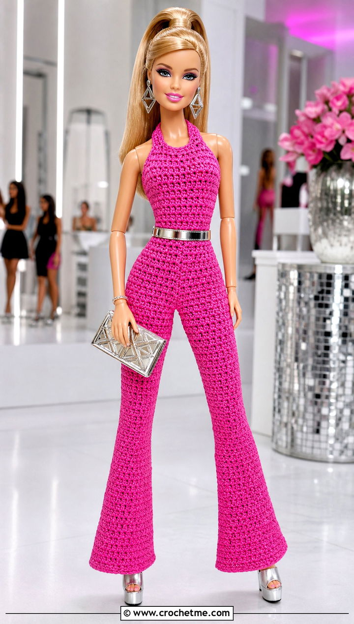 Crochet Barbie Jumpsuit With Metallic Accessories - 35 Easy Crochet Barbie Clothes and outfit ideas
