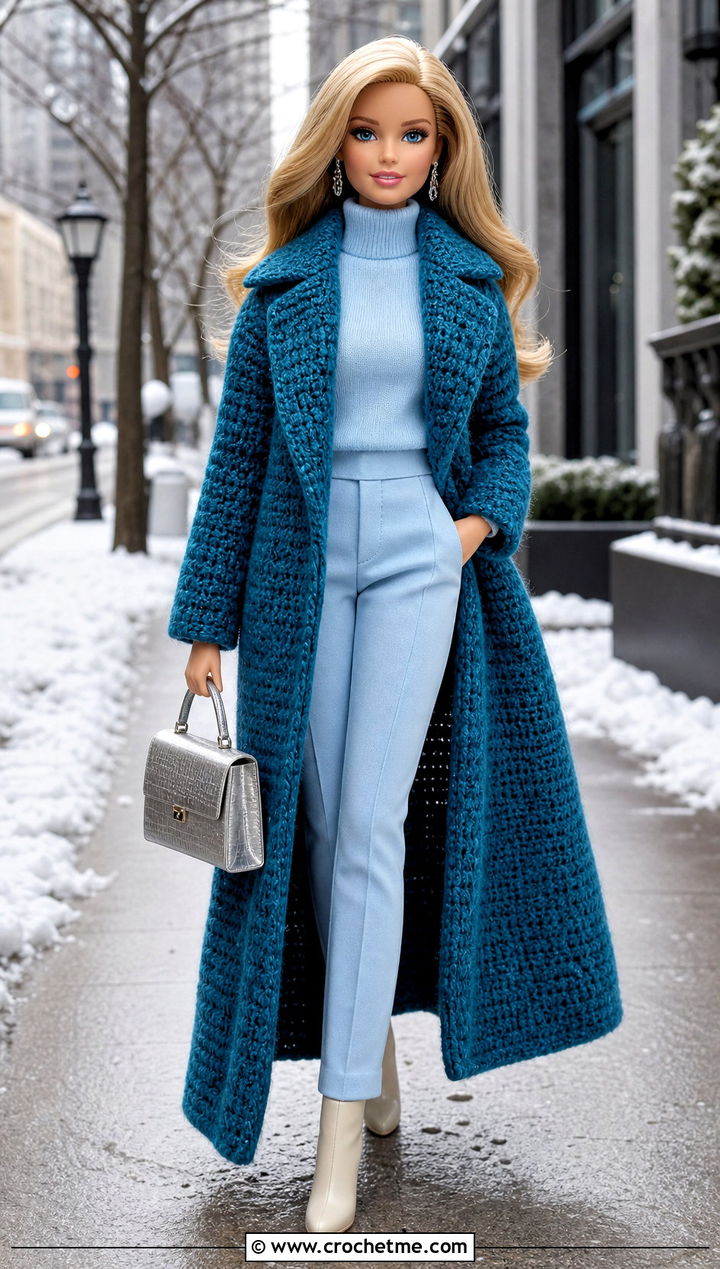 Crochet Barbie Long Coat With Monochrome Separates - 35 Easy Crochet Barbie Clothes and outfit ideas