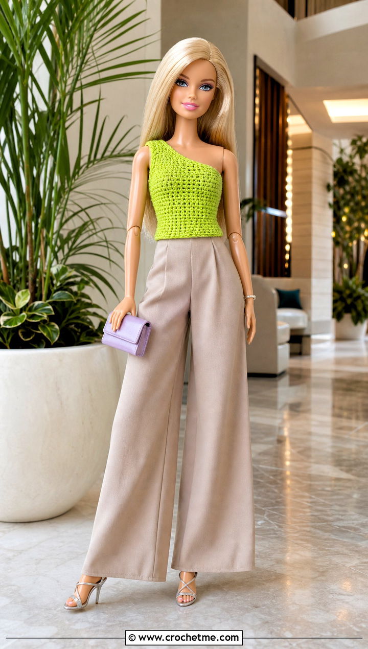 Crochet Barbie One Shoulder Top With Palazzo Pants - 35 Easy Crochet Barbie Clothes and outfit ideas