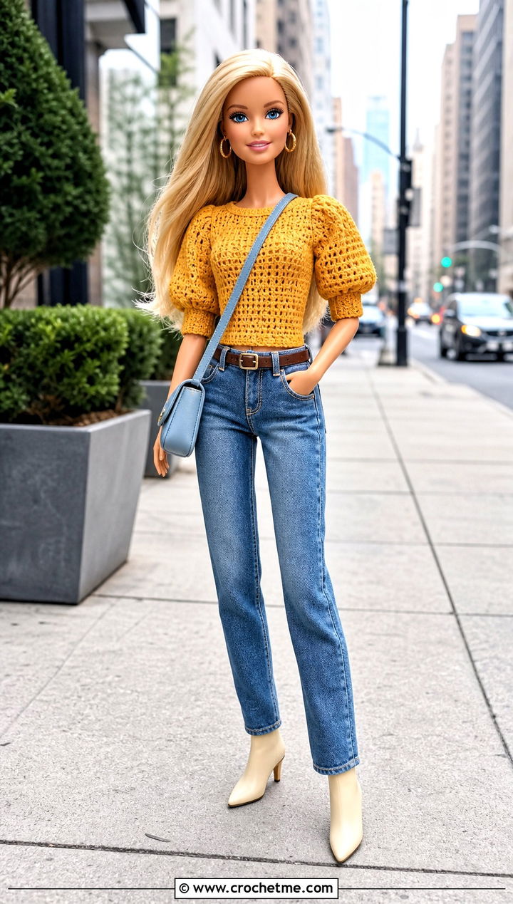 Crochet Barbie Puff Sleeve Blouse With Jeans - 35 Easy Crochet Barbie Clothes and outfit ideas