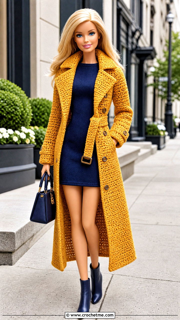 Crochet Barbie Trench Coat With Shift Dress - 35 crochet barbie doll clothes and outfit ideas