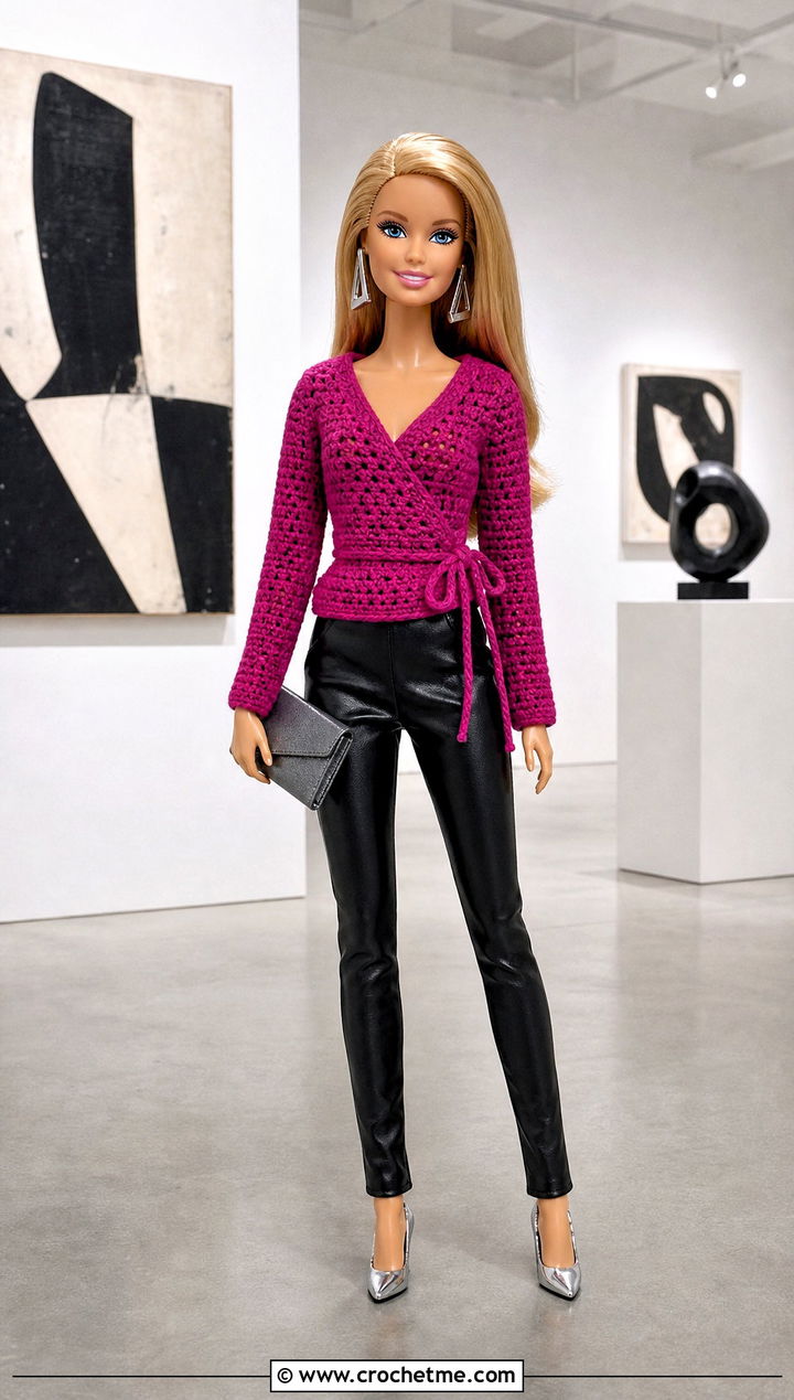 Crochet Barbie Wrap Top With Faux Leather Pants - 35 Easy Crochet Barbie Clothes and outfit ideas