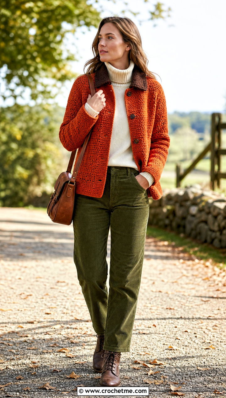 Crochet Barn Jacket With Corduroy Pants - 35 crocheted jacket outfit ideas