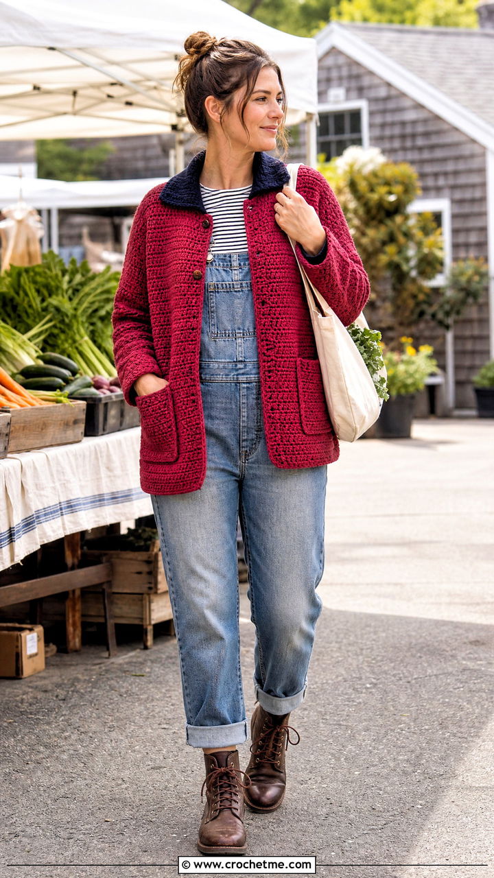 Crochet Barn Jacket With Denim Overalls - 35 easy crochet jacket outfit ideas