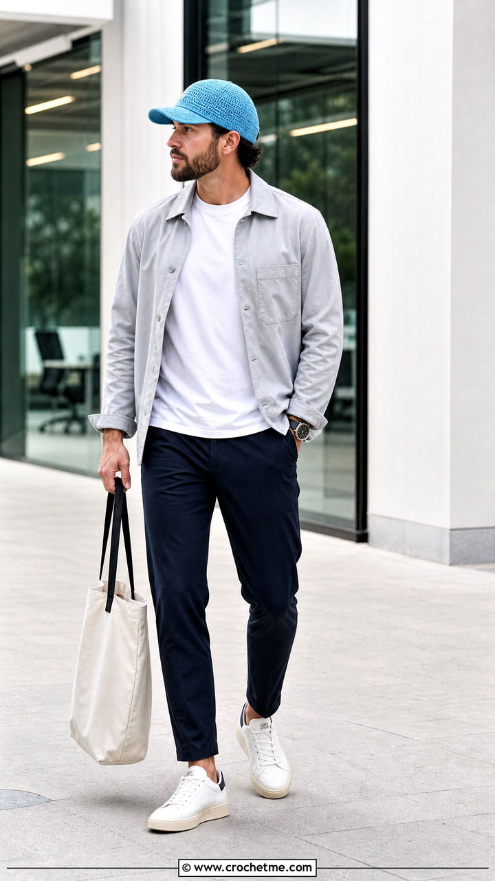 Crochet Baseball Cap With Overshirt And Tapered Pants - 35 crochet hat men outfit ideas