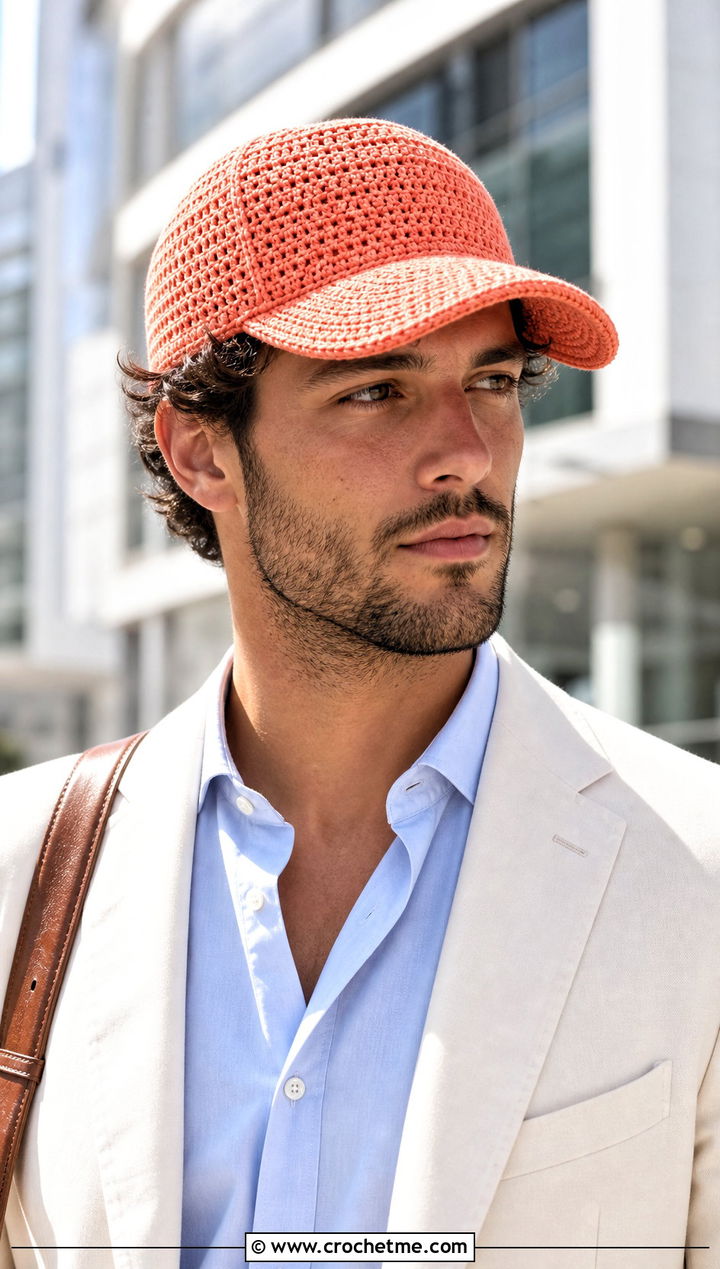 Crochet Baseball Cap With Oxford Shirt And Pleated Trousers - 30 men's crochet hats outfit ideas