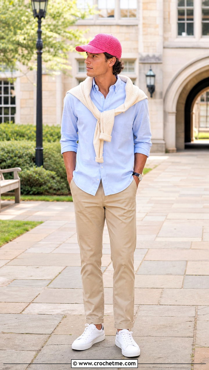 Crochet Baseball Cap With Preppy Outfit - 35 crochet hats men outfit ideas