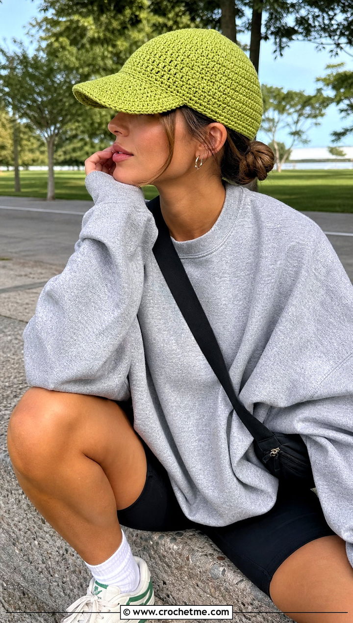 Crochet Baseball Cap With Sweatshirt And Biker Shorts - 35 women crochet hat outfit ideas