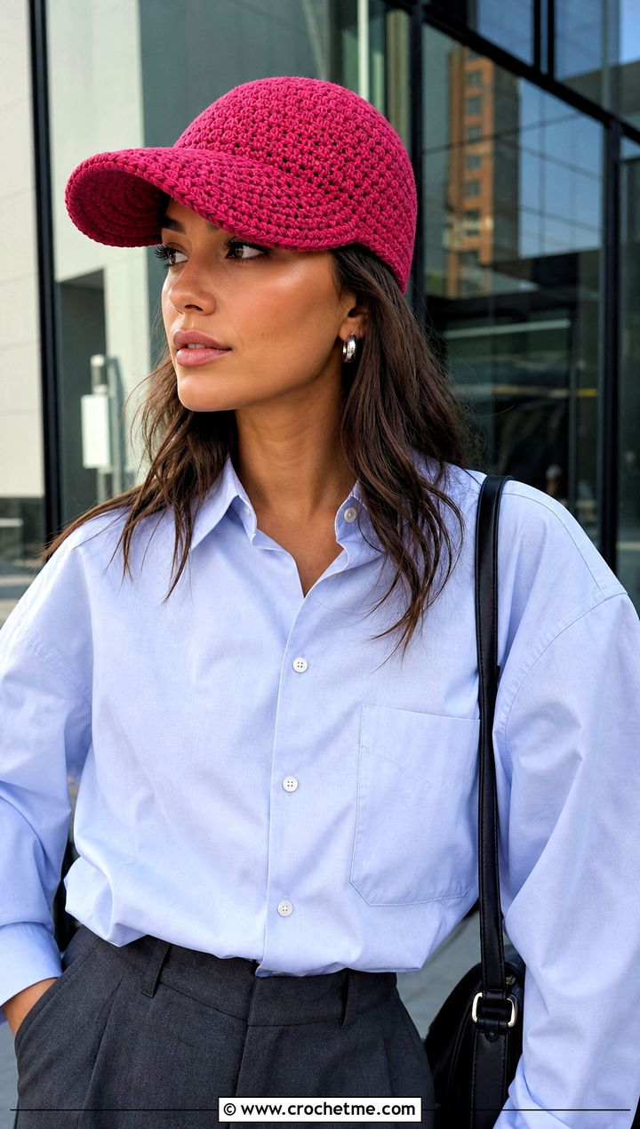 Crochet Baseball Cap With Tailored Trousers - 15 Ladies Crochet Summer Hats outfit ideas