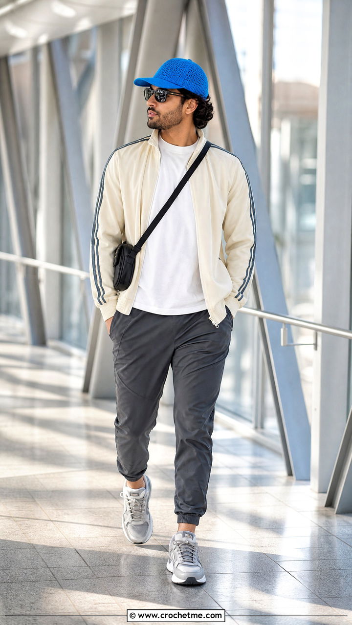 Crochet Baseball Cap With Track Jacket And Joggers - 35 crochet hat for men outfit ideas