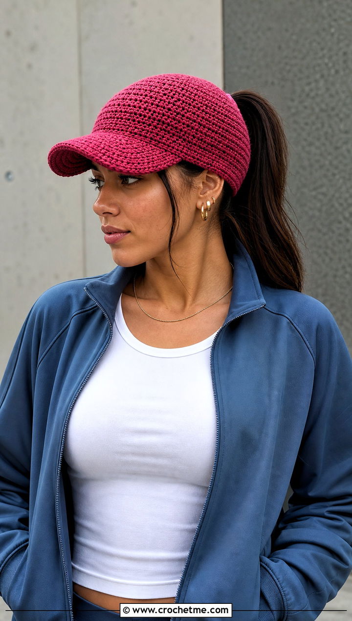 Crochet Baseball Cap With Track Jacket And Parachute Pants - 15 Easy Crochet Hats For Women outfit ideas
