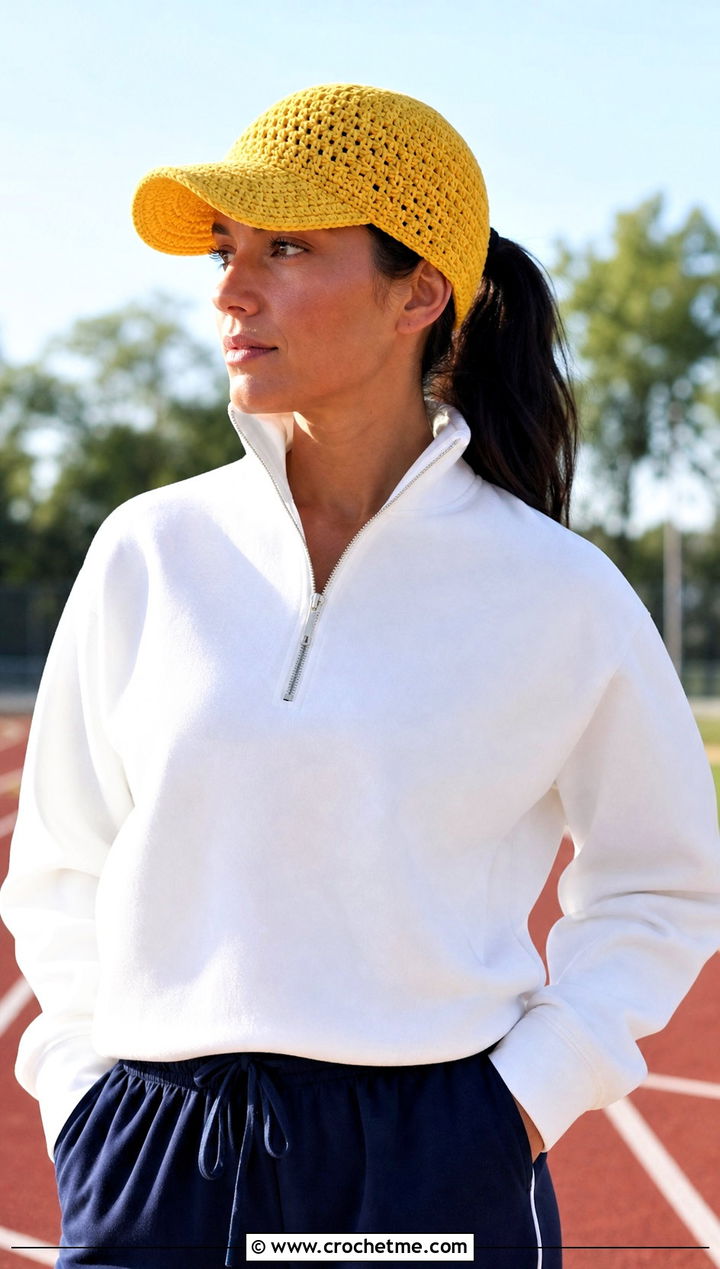 Crochet Baseball Cap With Track Pants - 25 Quick Crochet Hats outfit ideas
