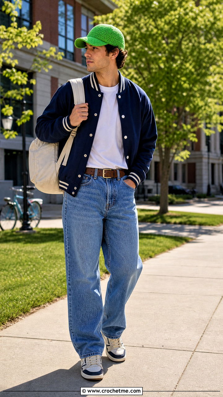 Crochet Baseball Cap With Varsity Jacket - 35 crochet cap for men outfit ideas
