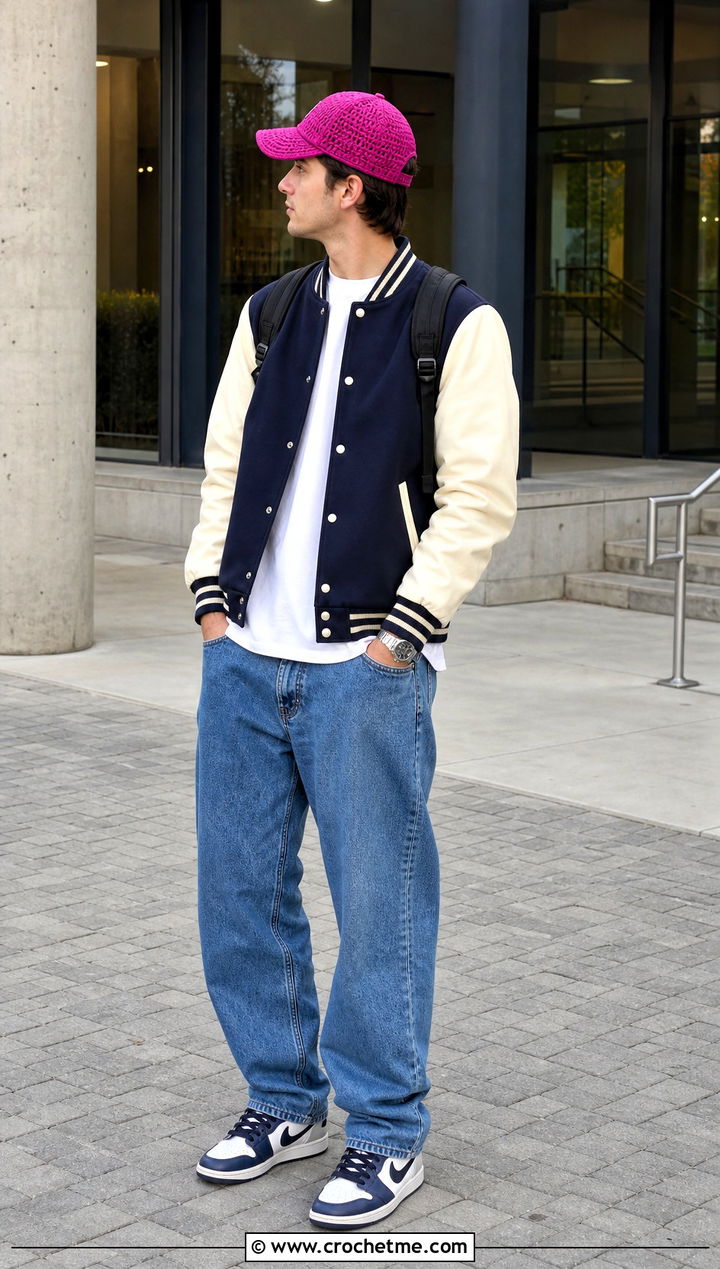 Crochet Baseball Cap With Varsity Jacket - 35 crochet hat for man outfit ideas