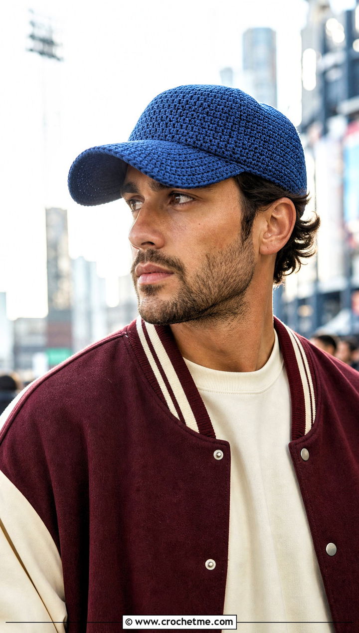 Crochet Baseball Cap With Varsity Jacket - 30 men crochet hat outfit ideas