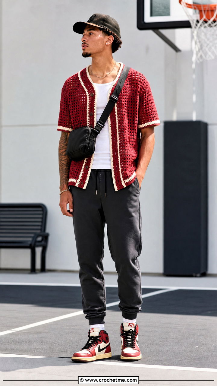 Crochet Baseball Jersey With Jogger Pants - 35 crochet top for men outfit ideas