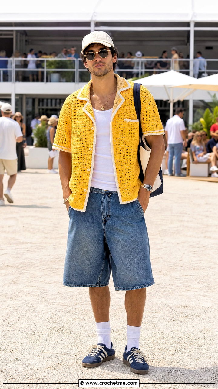 Crochet Baseball Shirt With Denim Shorts - 35 crochet mens shirt outfit ideas