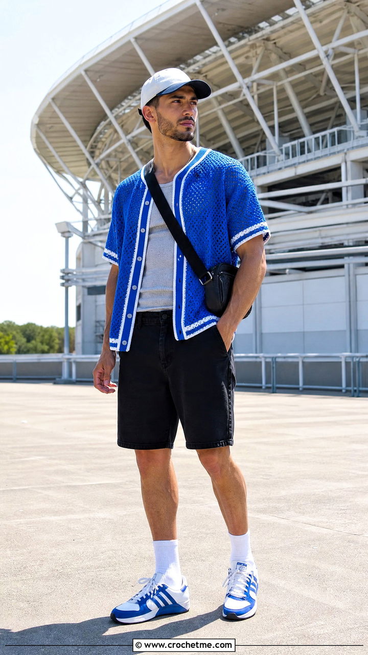 Crochet Baseball Shirt With Denim Shorts - 35 crochet men shirt outfit ideas