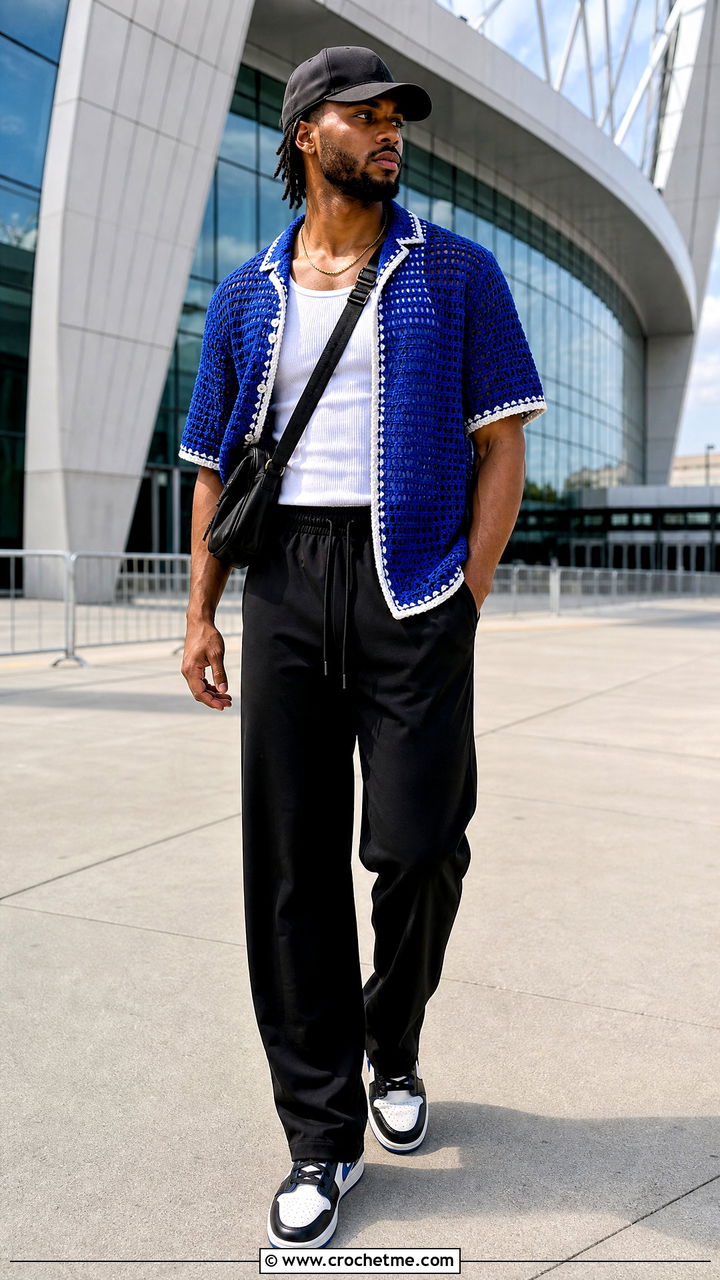Crochet Baseball Shirt With Track Pants - 35 crochet shirts for men outfit ideas