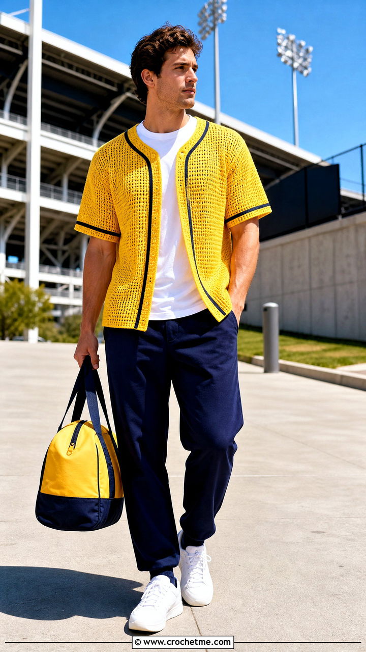 Crochet Baseball Shirt With Track Pants - 35 crochet top men outfit ideas