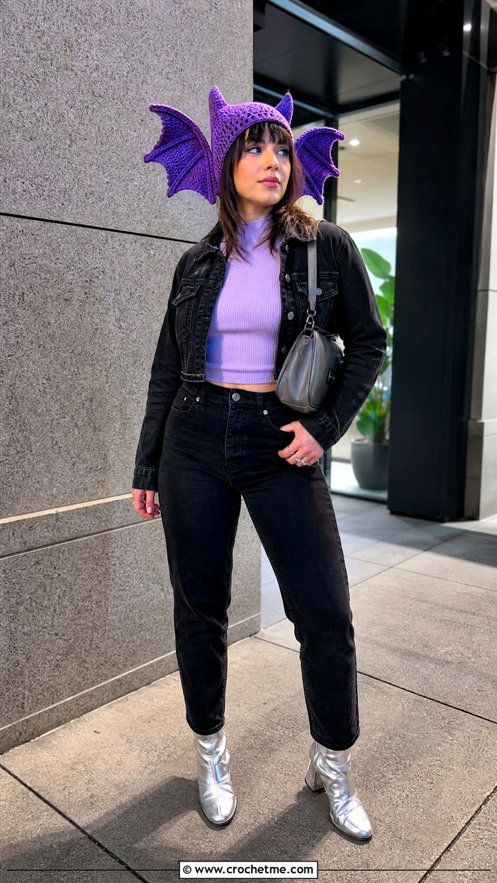 Crochet Bat Wing Hat With Black Denim - 35 crochet character hats outfit ideas