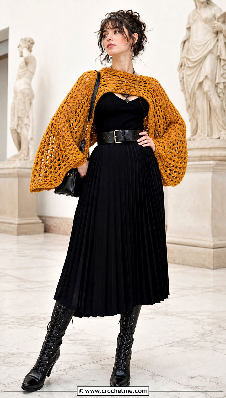 Crochet Bat Wing Sweater With Pleated Midi Skirt - 15 goth crochet clothing and outfit ideas