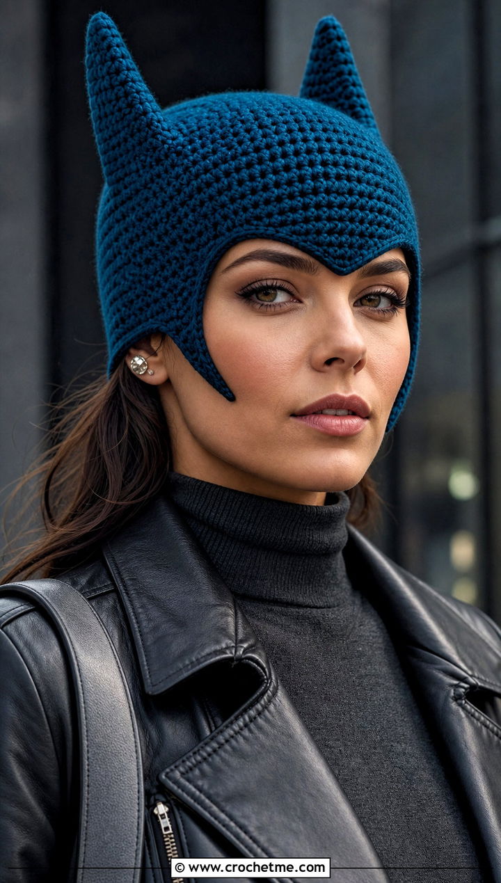 Crochet Batman Cowl Hat With Black Leather Jacket - 35 crochet batman hat outfit ideas