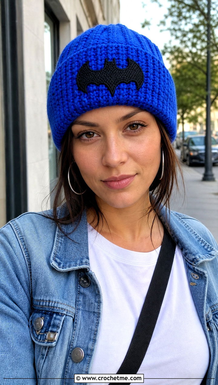 Crochet Batman Logo Beanie With Denim Jacket - 35 crochet batman hat outfit ideas