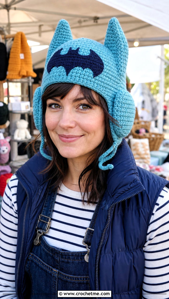 Crochet Batman Trapper Hat With Denim Overalls - 35 crochet batman hat outfit ideas