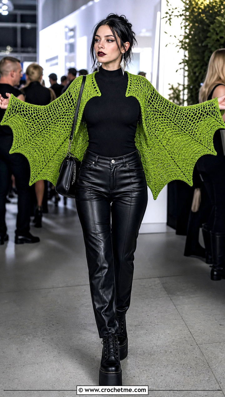 Crochet Batwing Shrug With Leather Pants - 35 Crochet Halloween Costume Women outfit ideas
