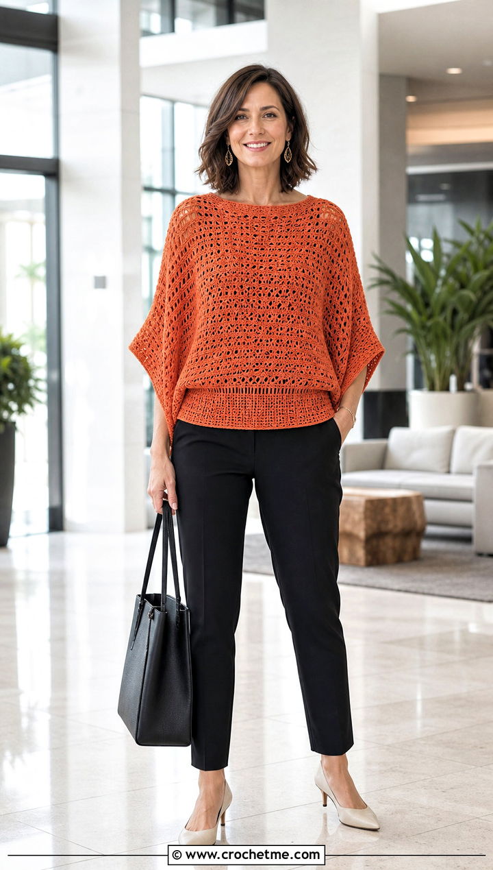 Crochet Batwing Sleeve Top With Cigarette Pants - 35 crochet sleeve top outfit ideas