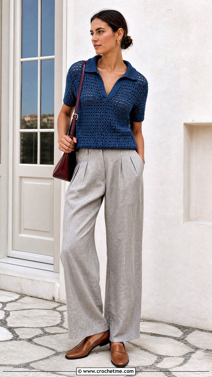 Crochet Beach Polo Top With Pleated Trousers - 35 Beach Crochet Top outfit ideas