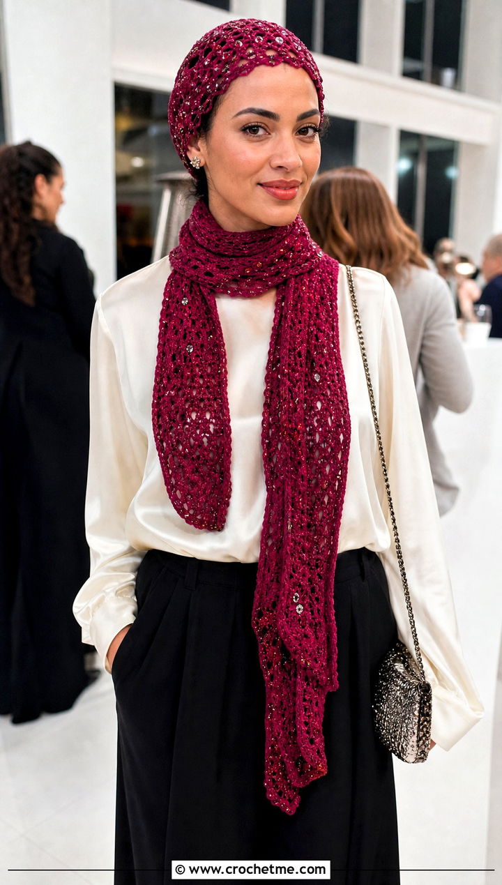 Crochet Beaded Skull Cap And Scarf With Satin Blouse - 25 crochet hat scarf outfit ideas