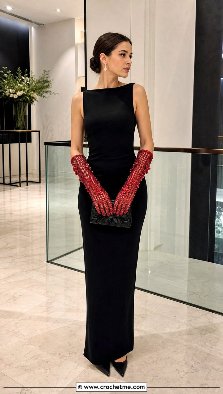 Crochet Beaded Star Gloves With Column Dress - 35 crochet star gloves outfit ideas