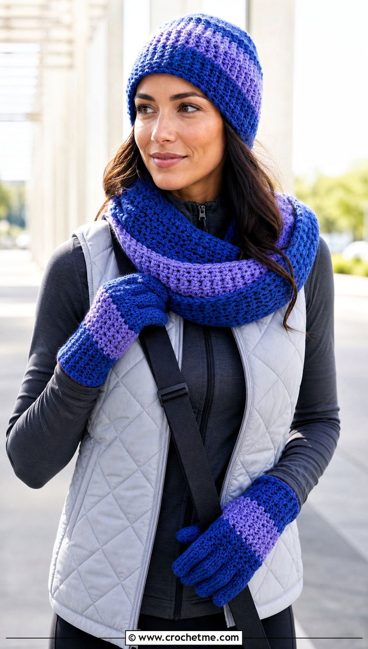 Crochet Beanie Hood Scarf And Gloves With Athleisure Set - 25 crochet hat scarf gloves set outfit ideas